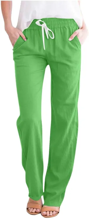 Firzero Womens Pants Summer Casual Cotton Linen Pants 2024 Trendy Solid Drawstring Long Pants Straight Leg Lounge Trousers