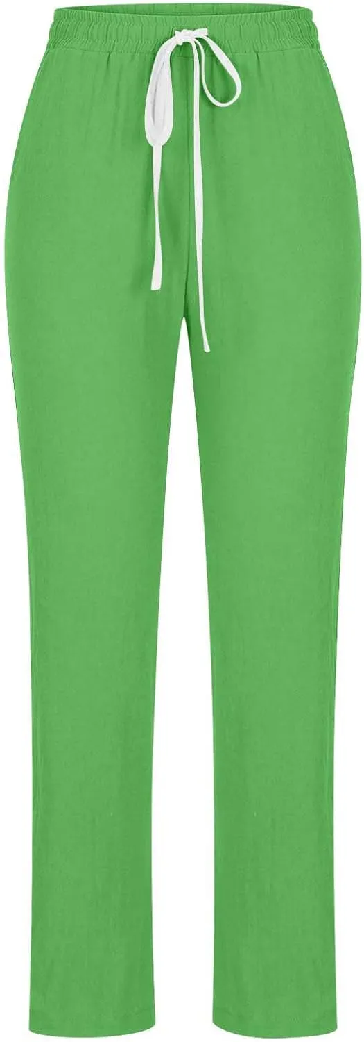 Firzero Womens Pants Summer Casual Cotton Linen Pants 2024 Trendy Solid Drawstring Long Pants Straight Leg Lounge Trousers
