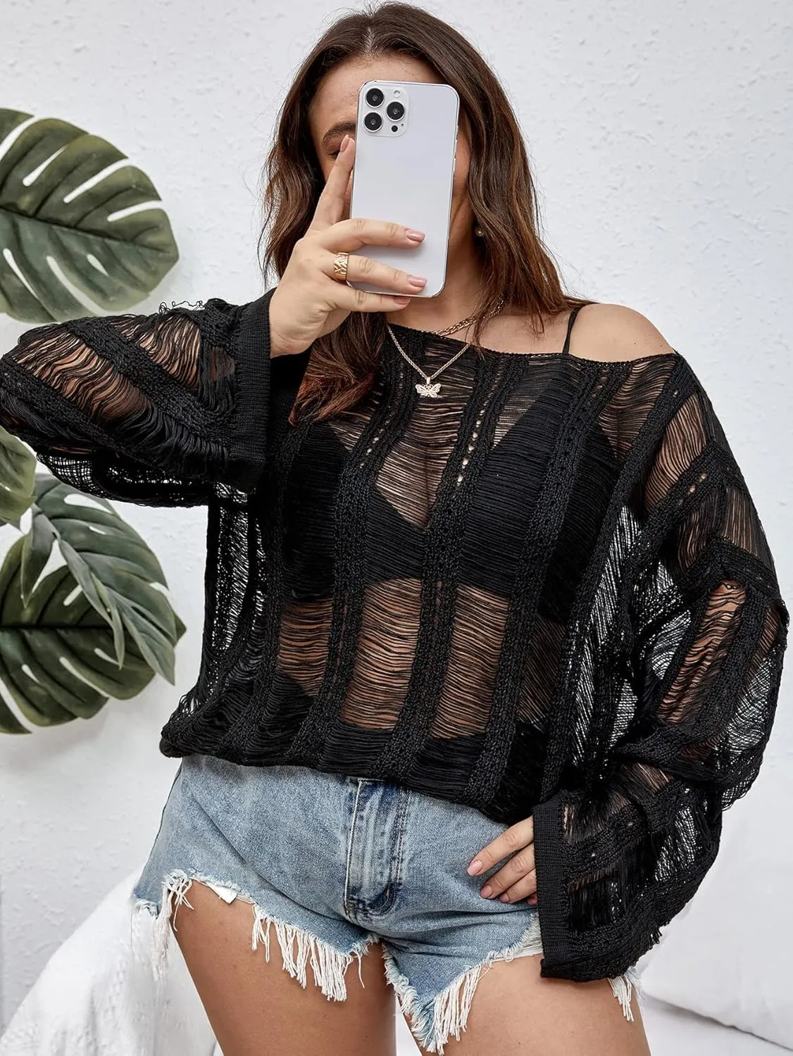 Floerns Women's Plus Size Crochet Sweater Cover Up Top Hollow Out Long Sleeve Asymmetrical Neck Mesh Shirt Pullover Top