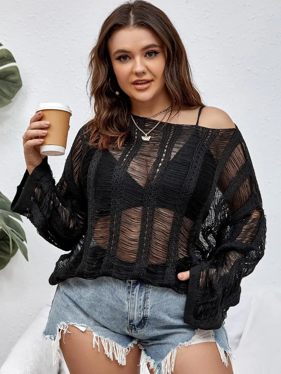 Floerns Women's Plus Size Crochet Sweater Cover Up Top Hollow Out Long Sleeve Asymmetrical Neck Mesh Shirt Pullover Top