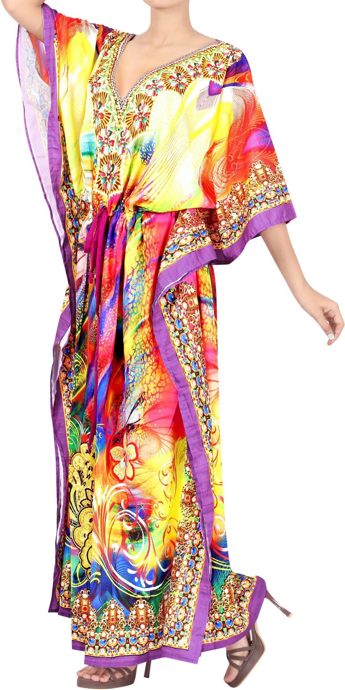 Floral Long Multi Color Abstarct Printed Caftan For Women