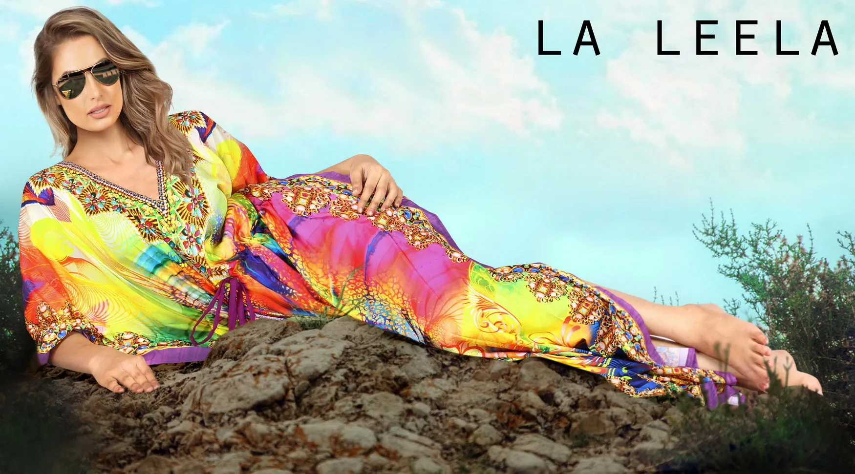 Floral Long Multi Color Abstarct Printed Caftan For Women