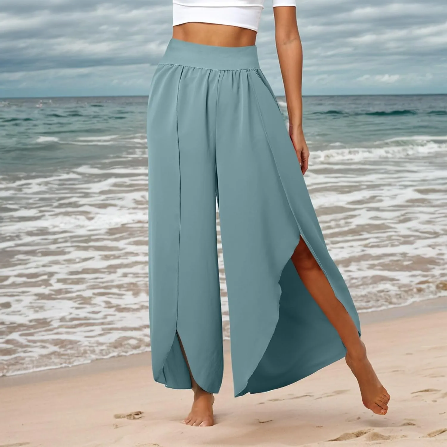 Flowy Wide Leg Pants for Women High Waisted Split Yoga Pants Loose Casual Palazzo Pants Stretch Dress Lounge Beach Pants
