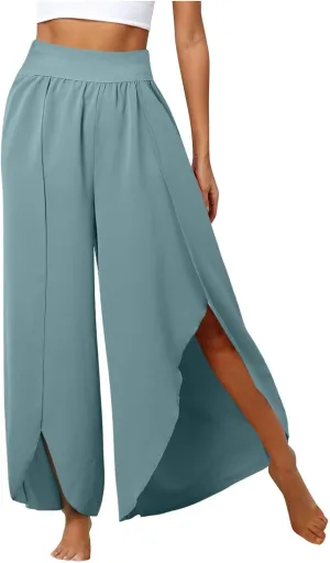 Flowy Wide Leg Pants for Women High Waisted Split Yoga Pants Loose Casual Palazzo Pants Stretch Dress Lounge Beach Pants