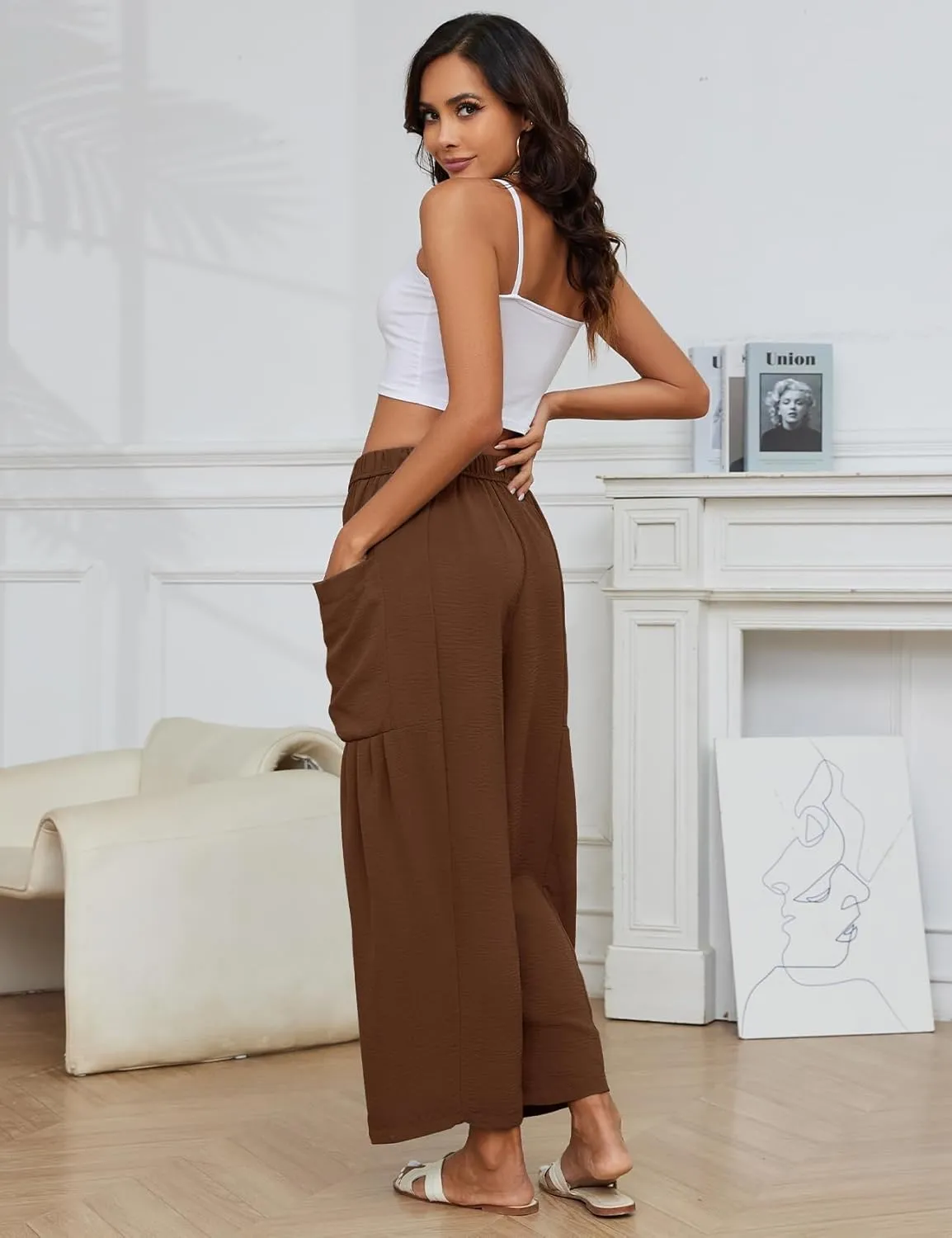 Flygo Women's Wide Leg Pants Summer Casual Loose Fit Beach Palazzo Harem Pants with Pockets