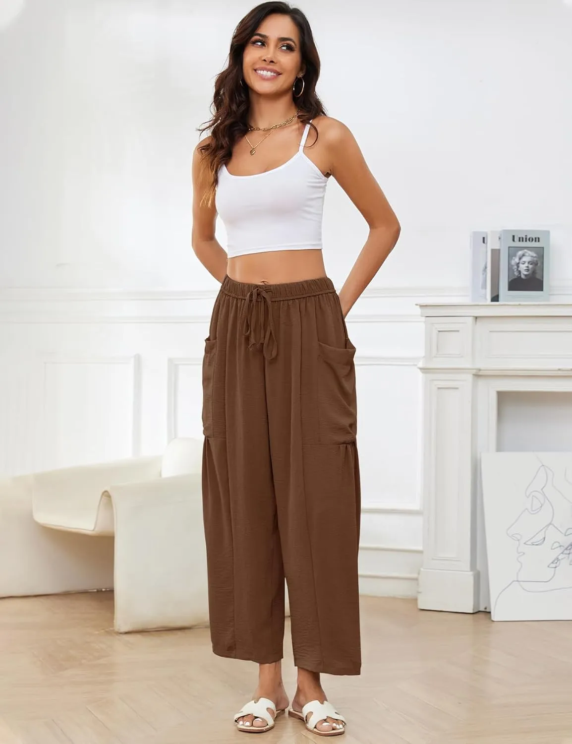 Flygo Women's Wide Leg Pants Summer Casual Loose Fit Beach Palazzo Harem Pants with Pockets