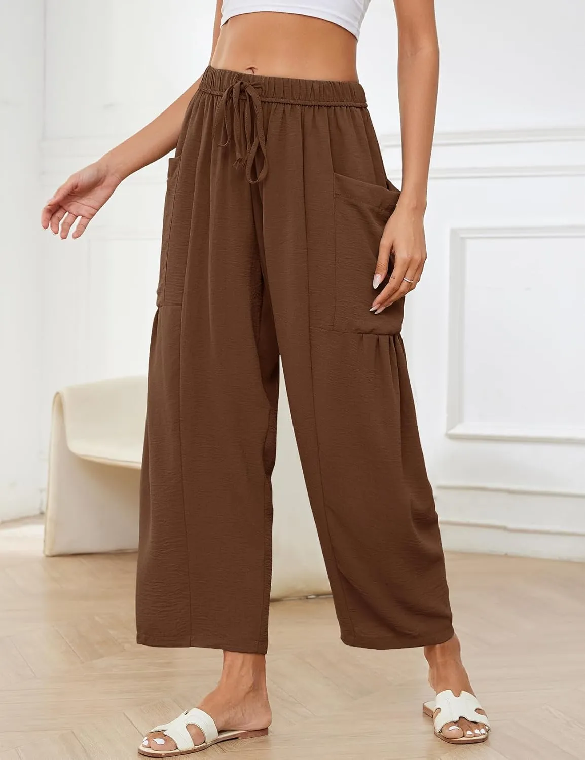 Flygo Women's Wide Leg Pants Summer Casual Loose Fit Beach Palazzo Harem Pants with Pockets