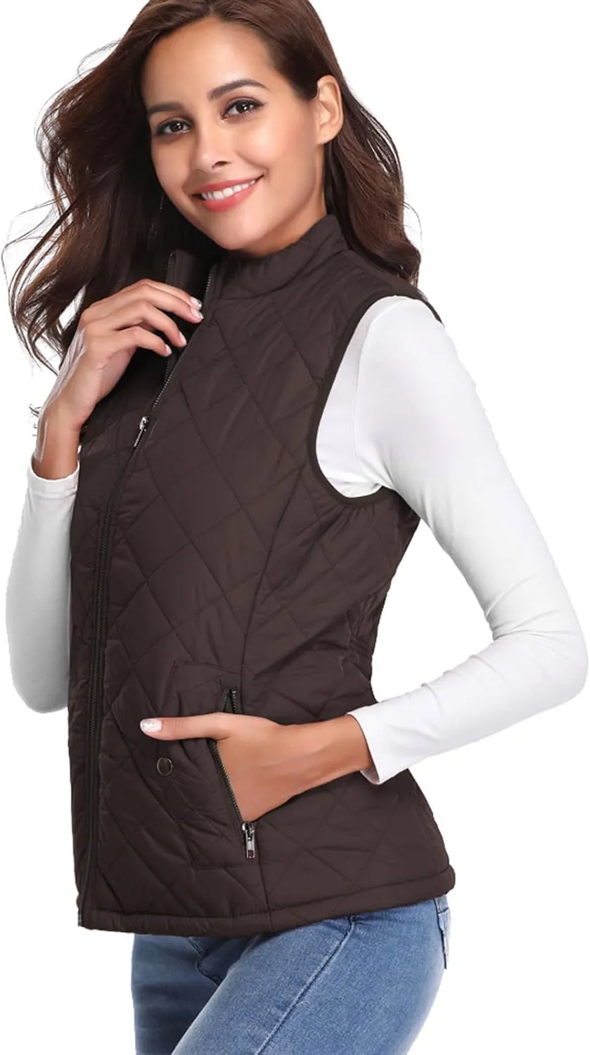 Fuinloth Women's Quilted Vest, Stand Collar Lightweight Zip Padded Gilet