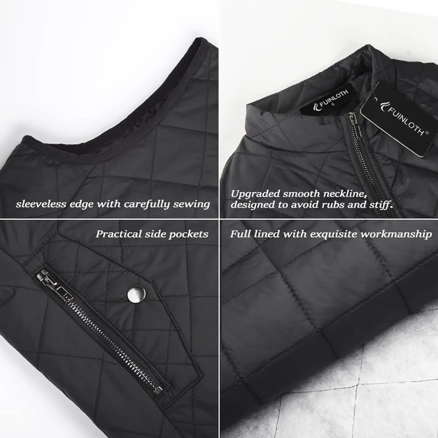 Fuinloth Women's Quilted Vest, Stand Collar Lightweight Zip Padded Gilet