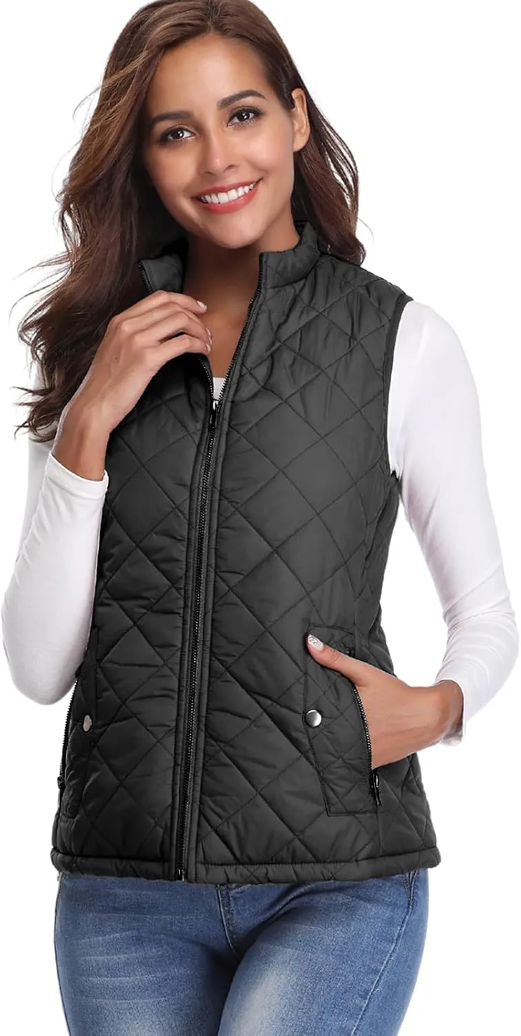 Fuinloth Women's Quilted Vest, Stand Collar Lightweight Zip Padded Gilet