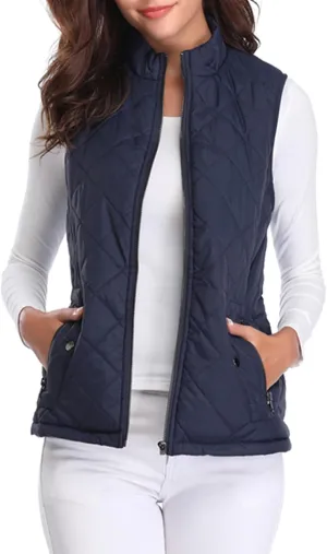 Fuinloth Women's Quilted Vest, Stand Collar Lightweight Zip Padded Gilet
