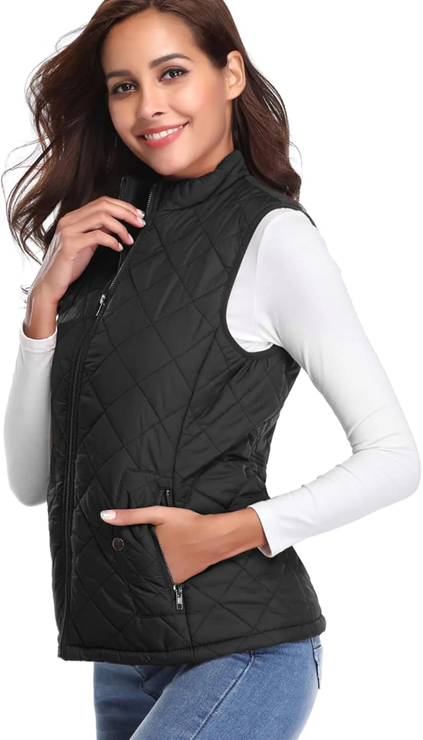 Fuinloth Women's Quilted Vest, Stand Collar Lightweight Zip Padded Gilet