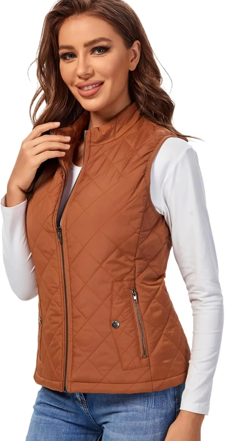 Fuinloth Women's Quilted Vest, Stand Collar Lightweight Zip Padded Gilet