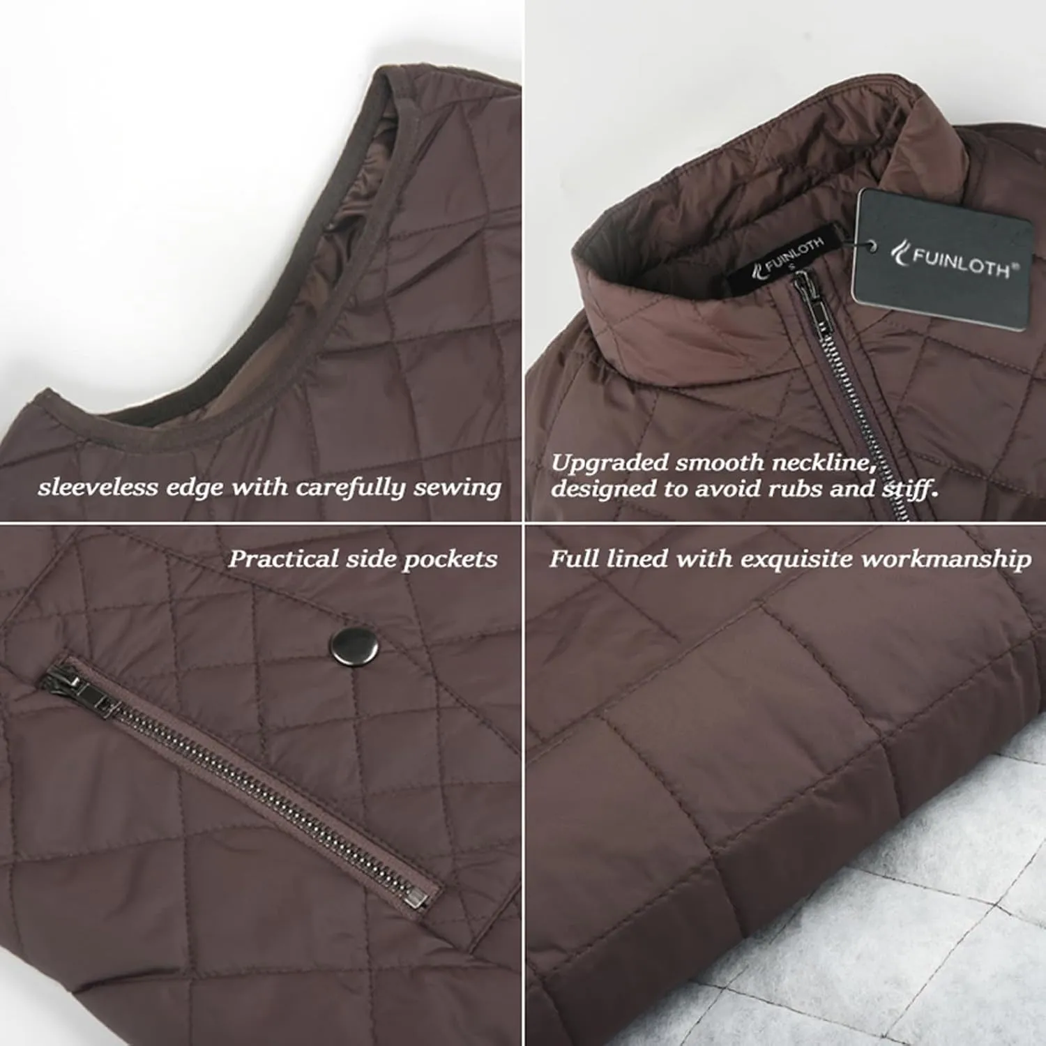 Fuinloth Women's Quilted Vest, Stand Collar Lightweight Zip Padded Gilet