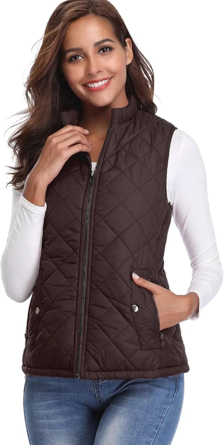 Fuinloth Women's Quilted Vest, Stand Collar Lightweight Zip Padded Gilet