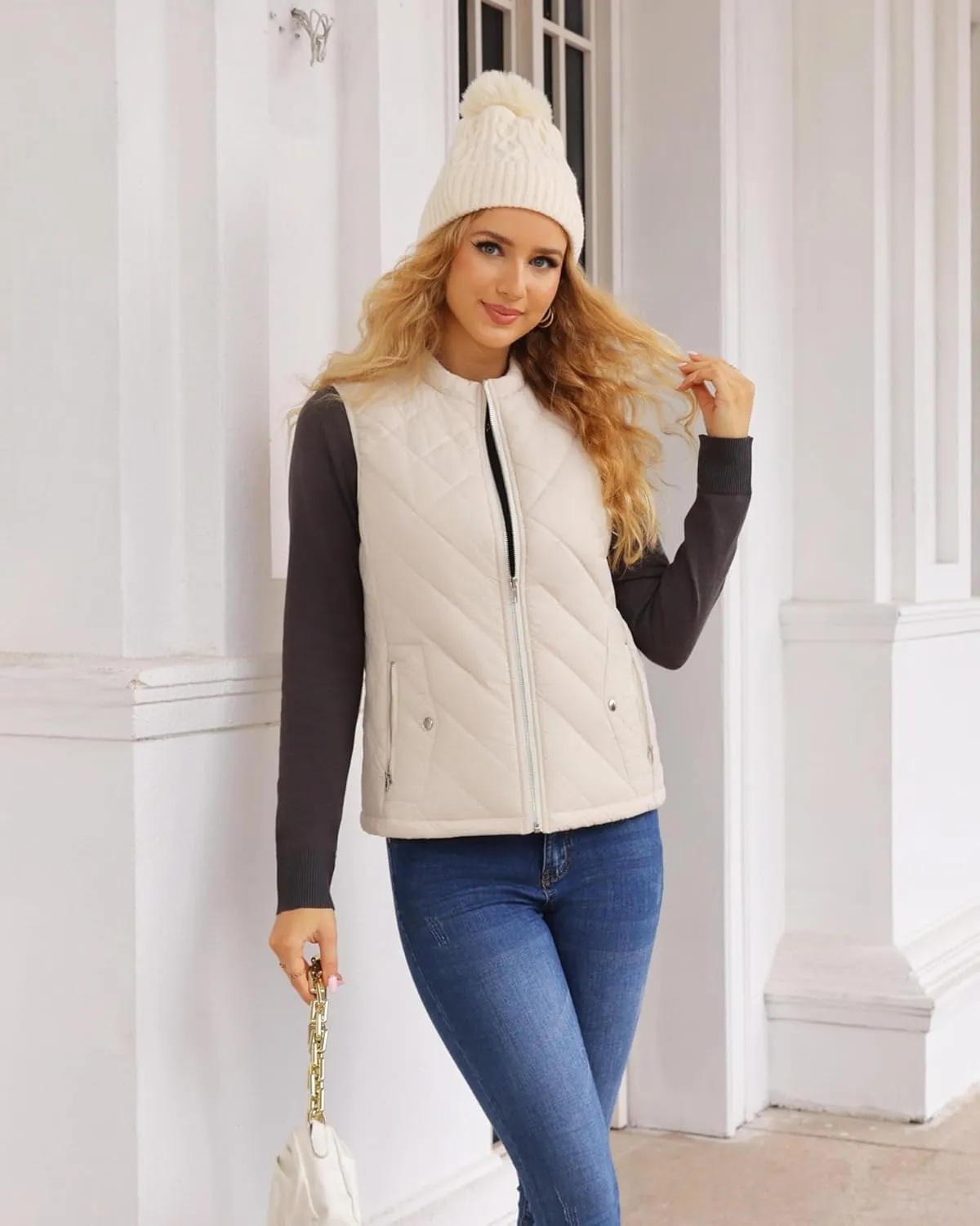 Fuinloth Women's Quilted Vest, Stand Collar Lightweight Zip Padded Gilet