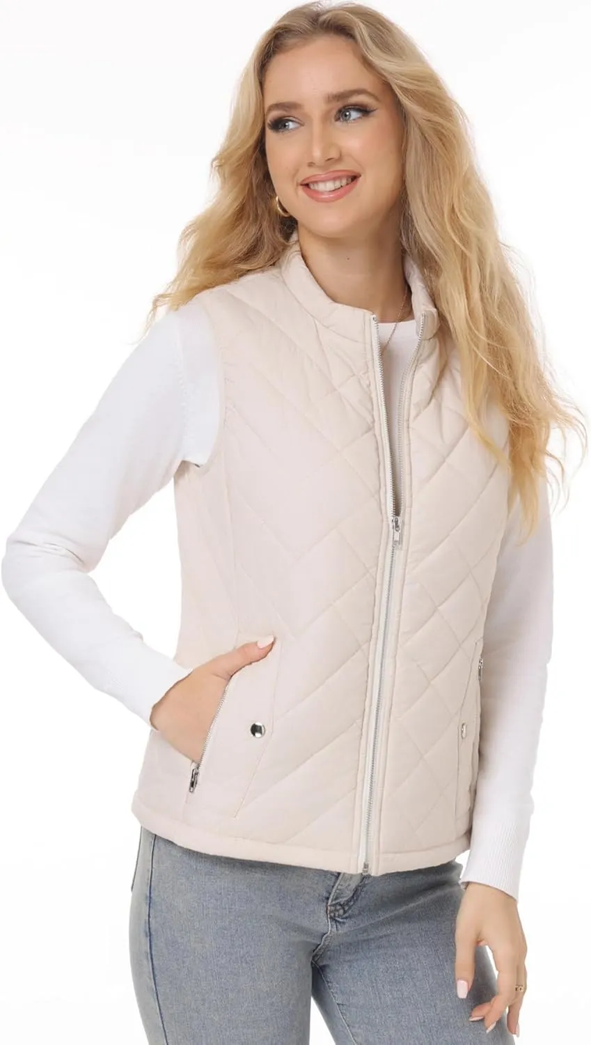 Fuinloth Women's Quilted Vest, Stand Collar Lightweight Zip Padded Gilet