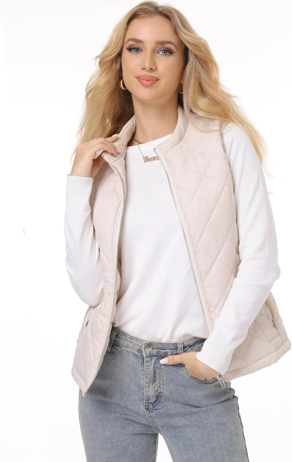 Fuinloth Women's Quilted Vest, Stand Collar Lightweight Zip Padded Gilet