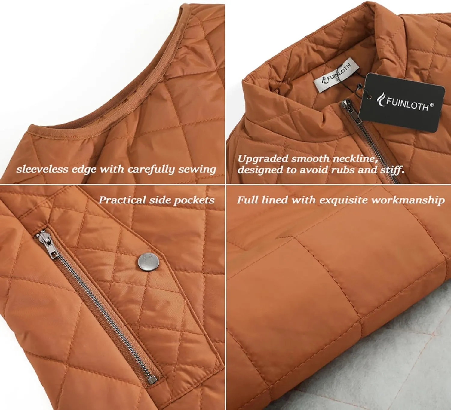 Fuinloth Women's Quilted Vest, Stand Collar Lightweight Zip Padded Gilet