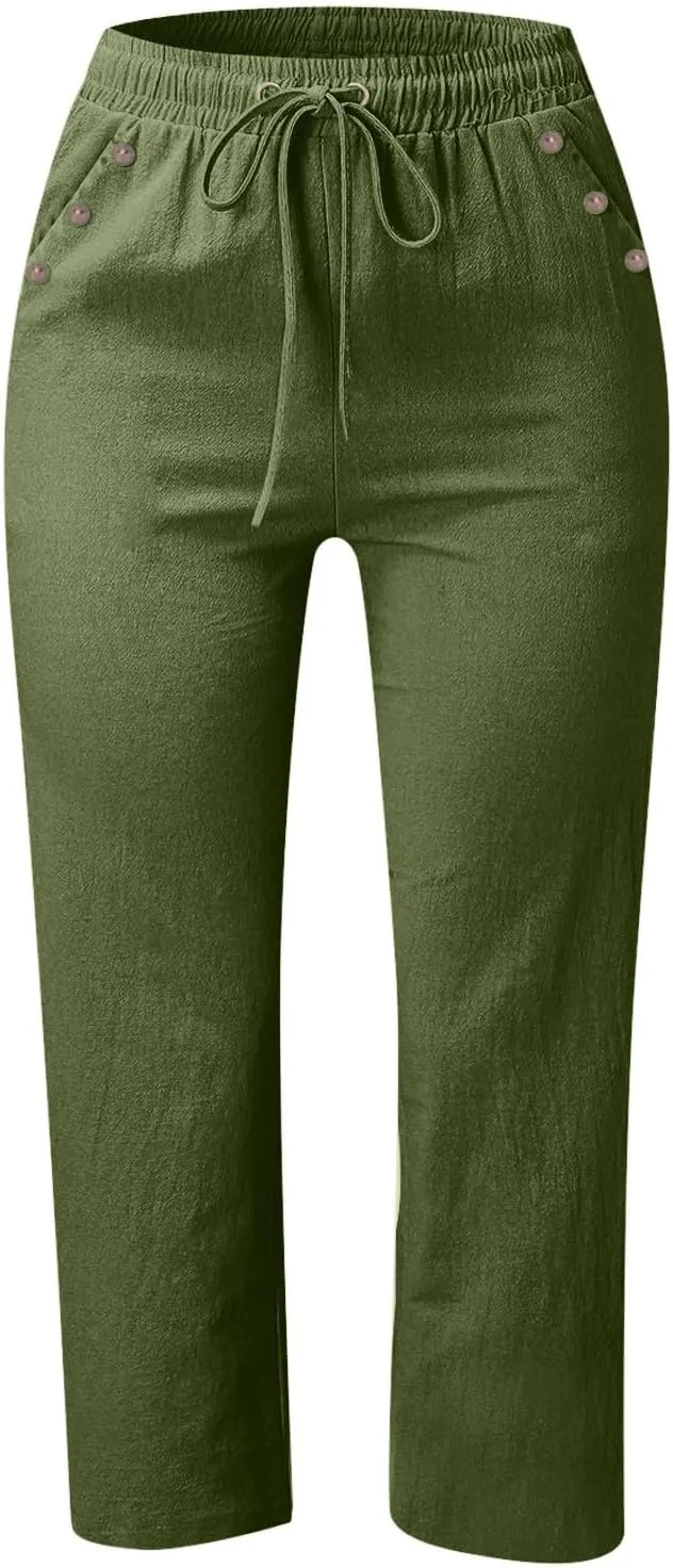 FZVYD Capri Pants for Women Casual 2025 Summer Drawstring Elastic High Waist Linen Pant Straight Wide Leg Cropped Trousers