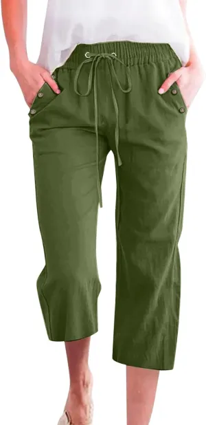 FZVYD Capri Pants for Women Casual 2025 Summer Drawstring Elastic High Waist Linen Pant Straight Wide Leg Cropped Trousers