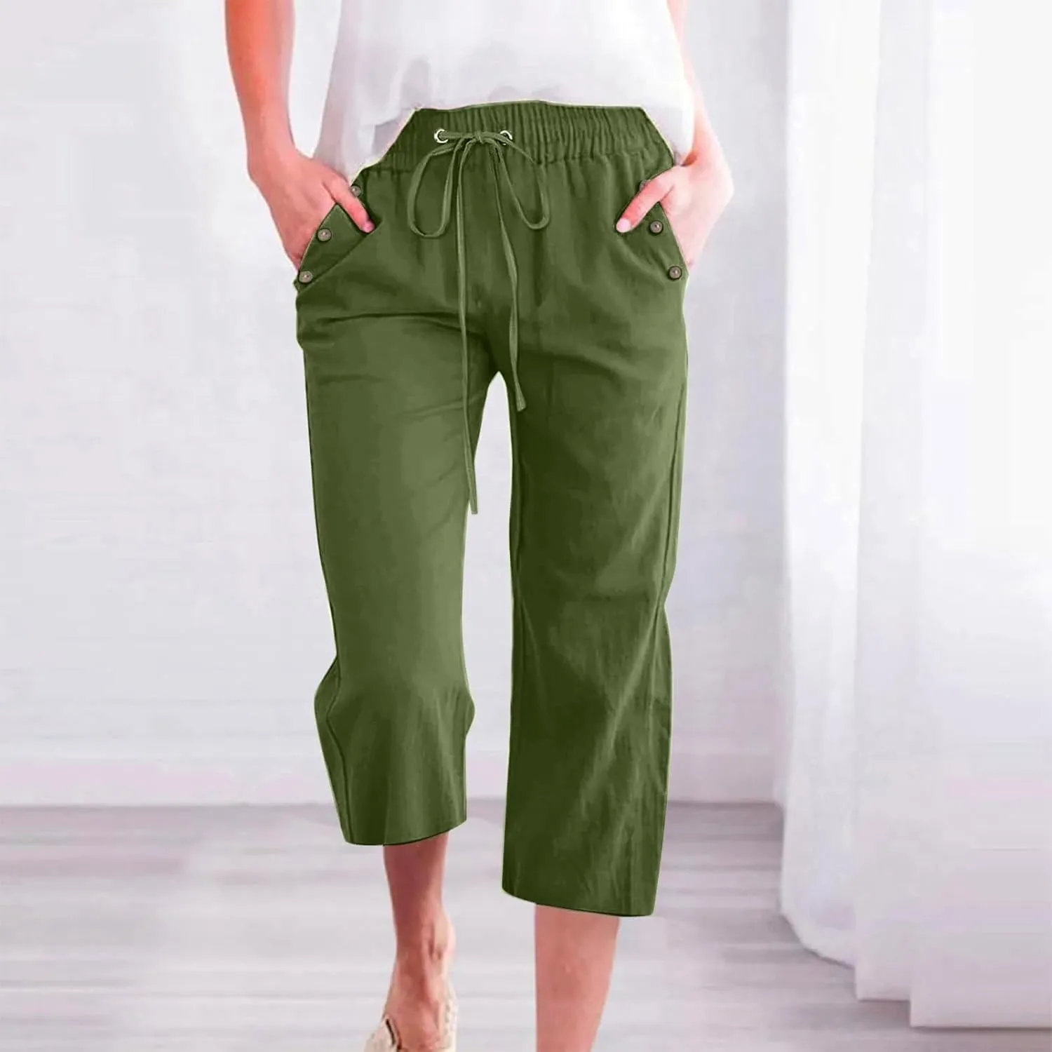 FZVYD Capri Pants for Women Casual 2025 Summer Drawstring Elastic High Waist Linen Pant Straight Wide Leg Cropped Trousers