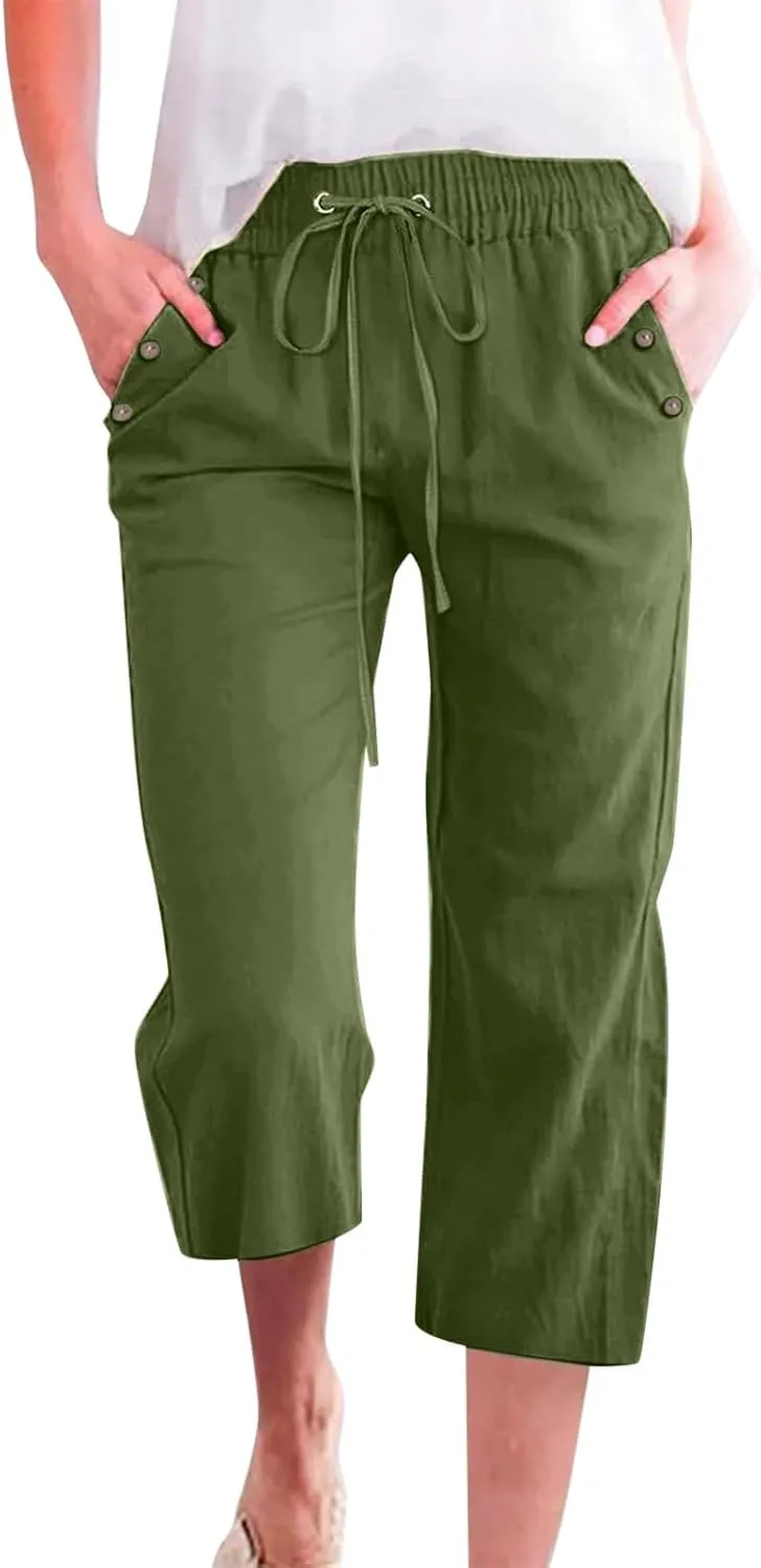 FZVYD Capri Pants for Women Casual 2025 Summer Drawstring Elastic High Waist Linen Pant Straight Wide Leg Cropped Trousers