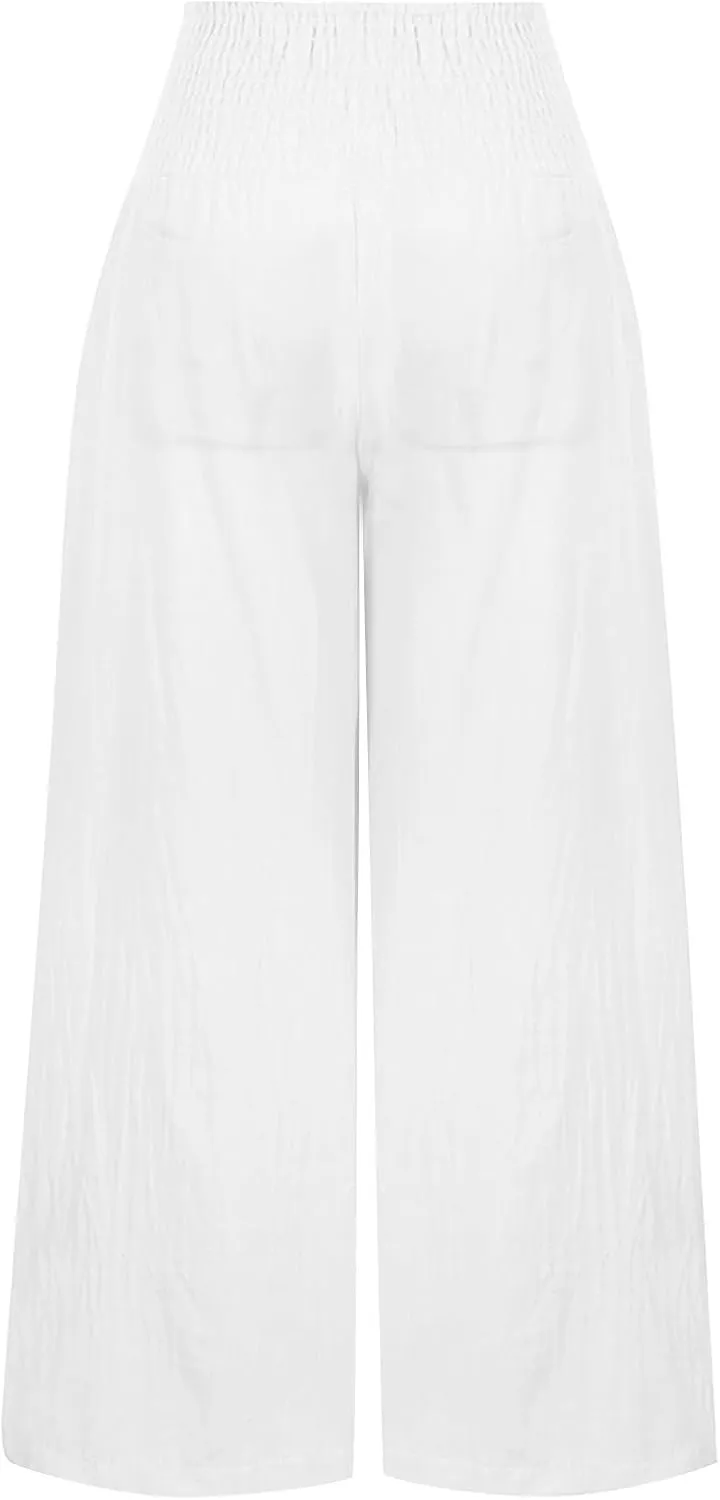 FZYLQY Womens Linen Pants 2025 Summer Casual Boho Loose Wide Leg Palazzo Pants Smocked High Waist Flowy Beach Yoga Trousers