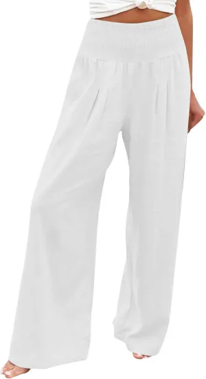 FZYLQY Womens Linen Pants 2025 Summer Casual Boho Loose Wide Leg Palazzo Pants Smocked High Waist Flowy Beach Yoga Trousers