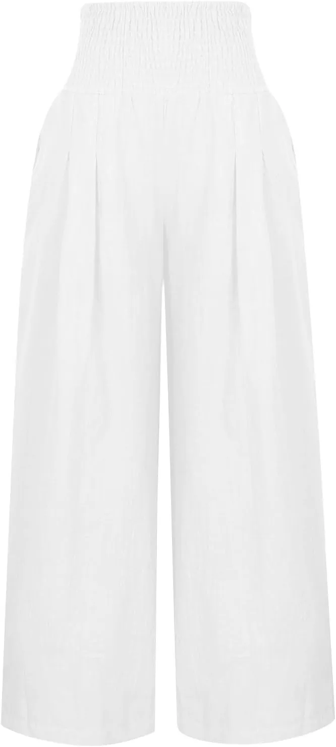 FZYLQY Womens Linen Pants 2025 Summer Casual Boho Loose Wide Leg Palazzo Pants Smocked High Waist Flowy Beach Yoga Trousers