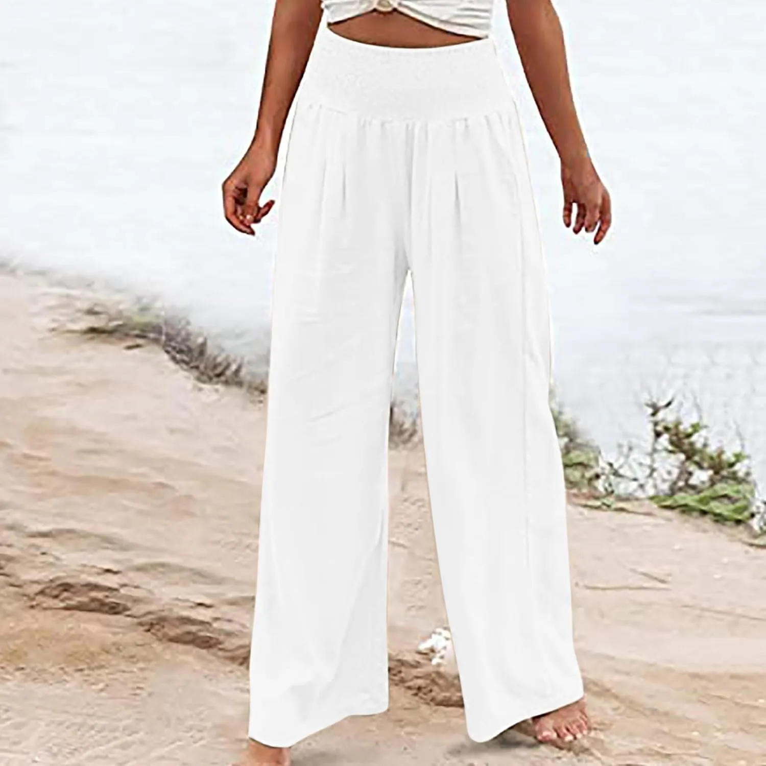 FZYLQY Womens Linen Pants 2025 Summer Casual Boho Loose Wide Leg Palazzo Pants Smocked High Waist Flowy Beach Yoga Trousers