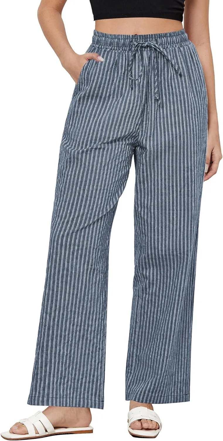 GRAPENT Striped Pants for Women High Waisted Wide Leg Cotton Linen Trendy Beach Pull On Elastic Waist Casual Flowy Pants