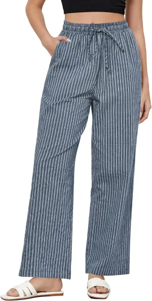 GRAPENT Striped Pants for Women High Waisted Wide Leg Cotton Linen Trendy Beach Pull On Elastic Waist Casual Flowy Pants