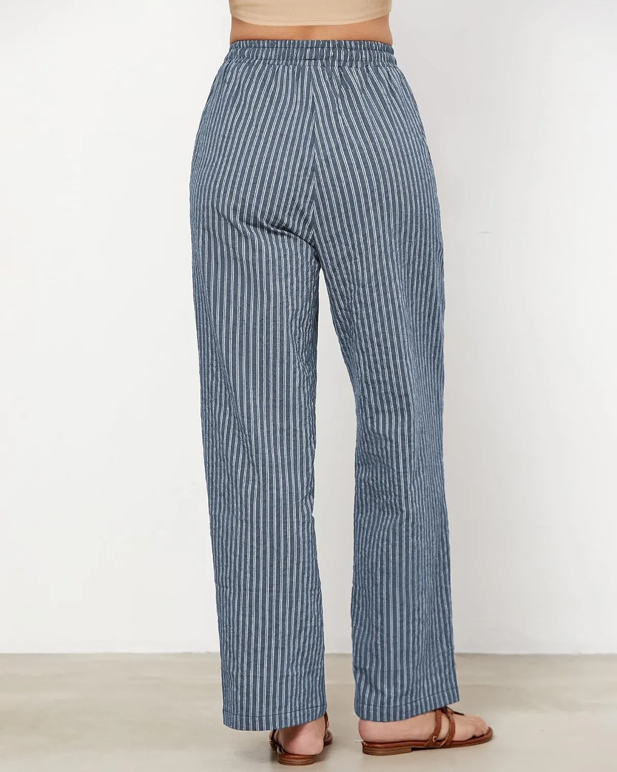 GRAPENT Striped Pants for Women High Waisted Wide Leg Cotton Linen Trendy Beach Pull On Elastic Waist Casual Flowy Pants