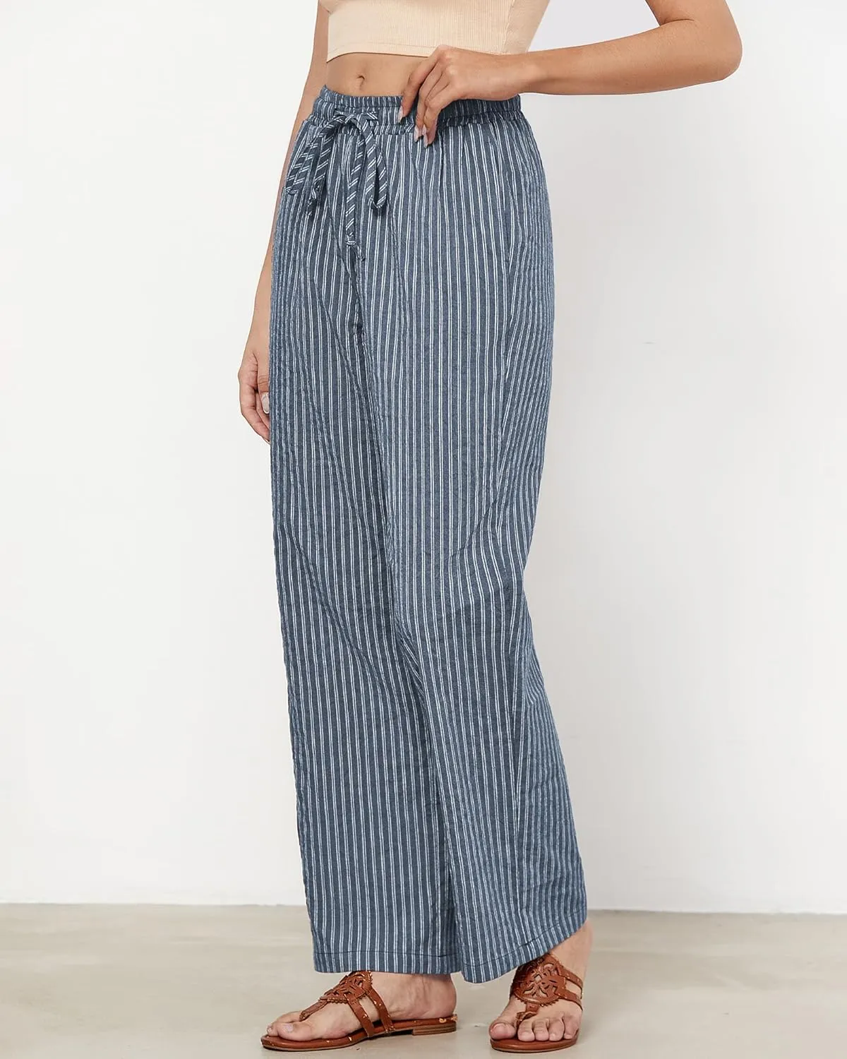 GRAPENT Striped Pants for Women High Waisted Wide Leg Cotton Linen Trendy Beach Pull On Elastic Waist Casual Flowy Pants