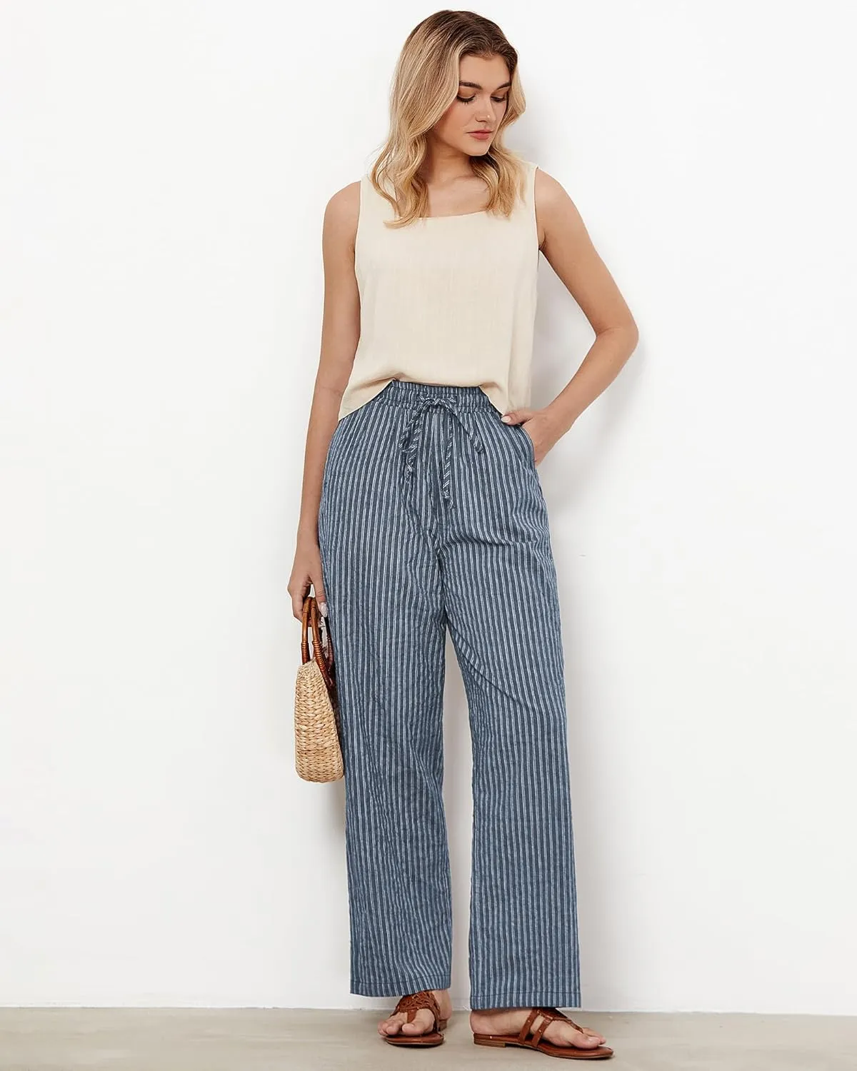 GRAPENT Striped Pants for Women High Waisted Wide Leg Cotton Linen Trendy Beach Pull On Elastic Waist Casual Flowy Pants