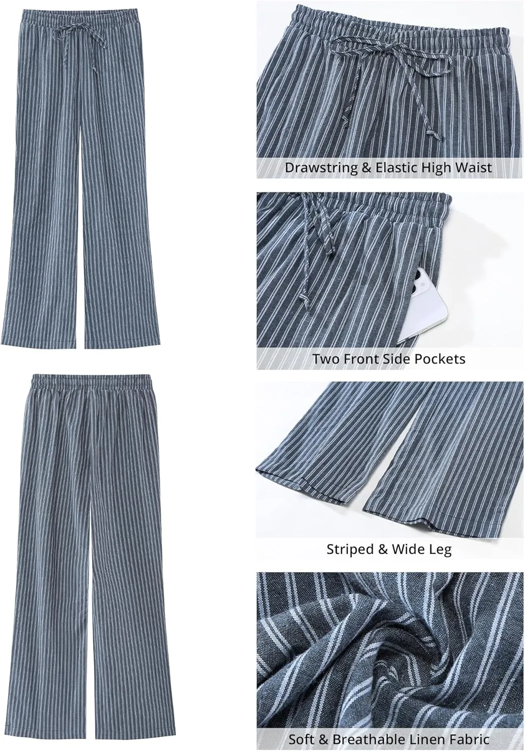 GRAPENT Striped Pants for Women High Waisted Wide Leg Cotton Linen Trendy Beach Pull On Elastic Waist Casual Flowy Pants