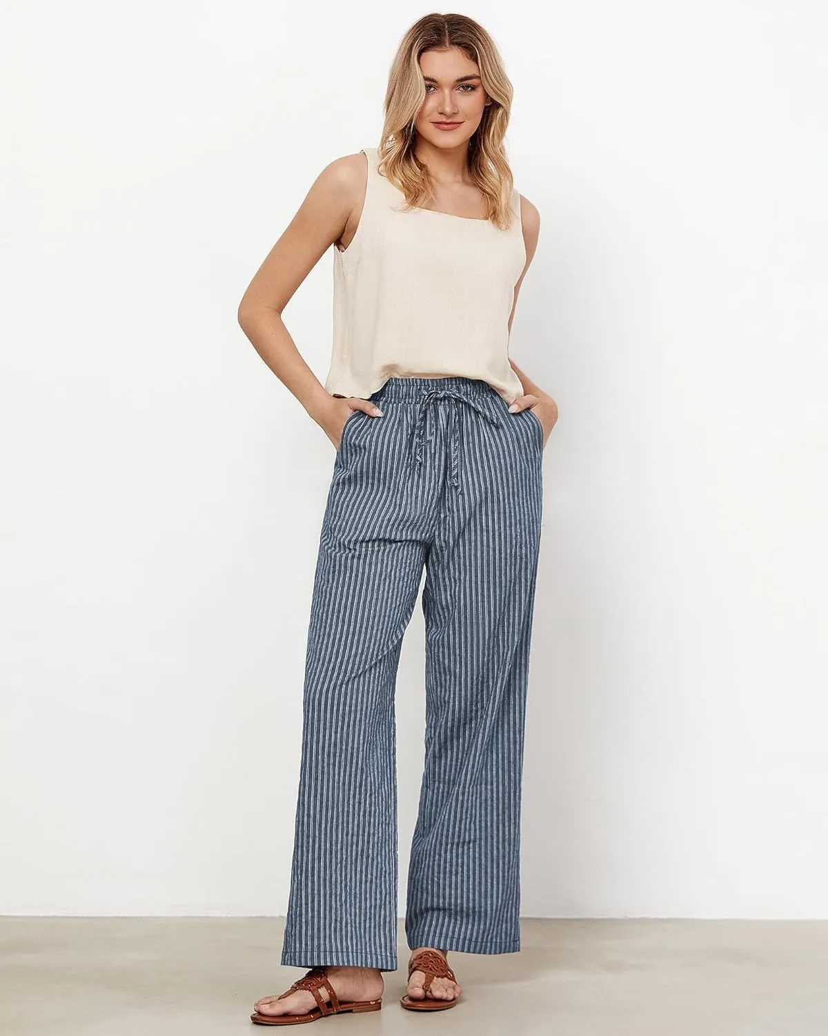 GRAPENT Striped Pants for Women High Waisted Wide Leg Cotton Linen Trendy Beach Pull On Elastic Waist Casual Flowy Pants
