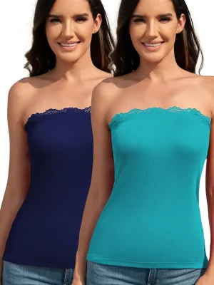 H HIAMIGOS 2 Pack Strapless Tube Tops for Women Lace Bandeau Top Long Ribbed Full Length Top No Bra