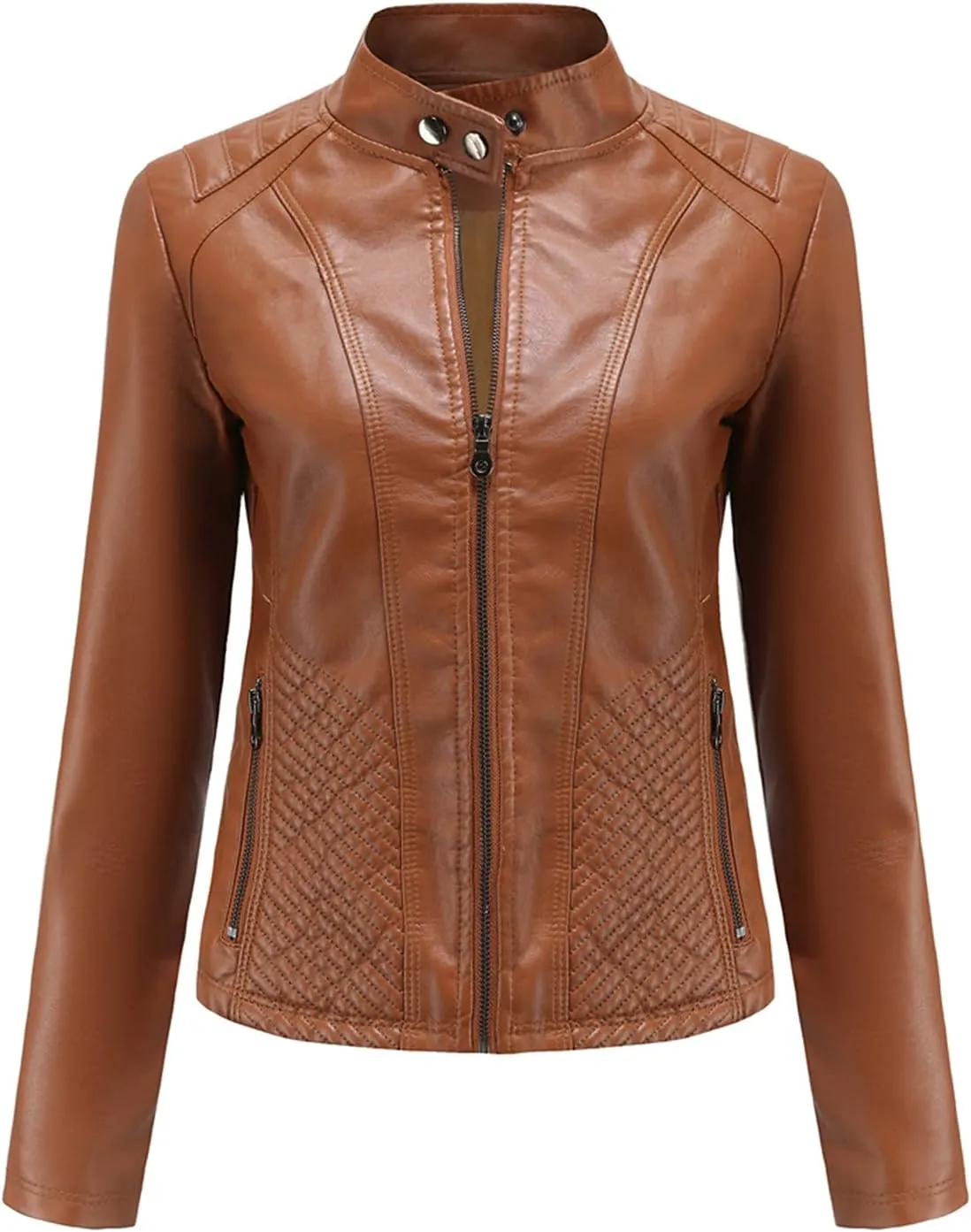 Hasta Faux Leather Jacket Crop Plus Size Women Slim Fit Motorcycle Bike Coat Stand Collar Zip Pocket Short Pleather Jacket