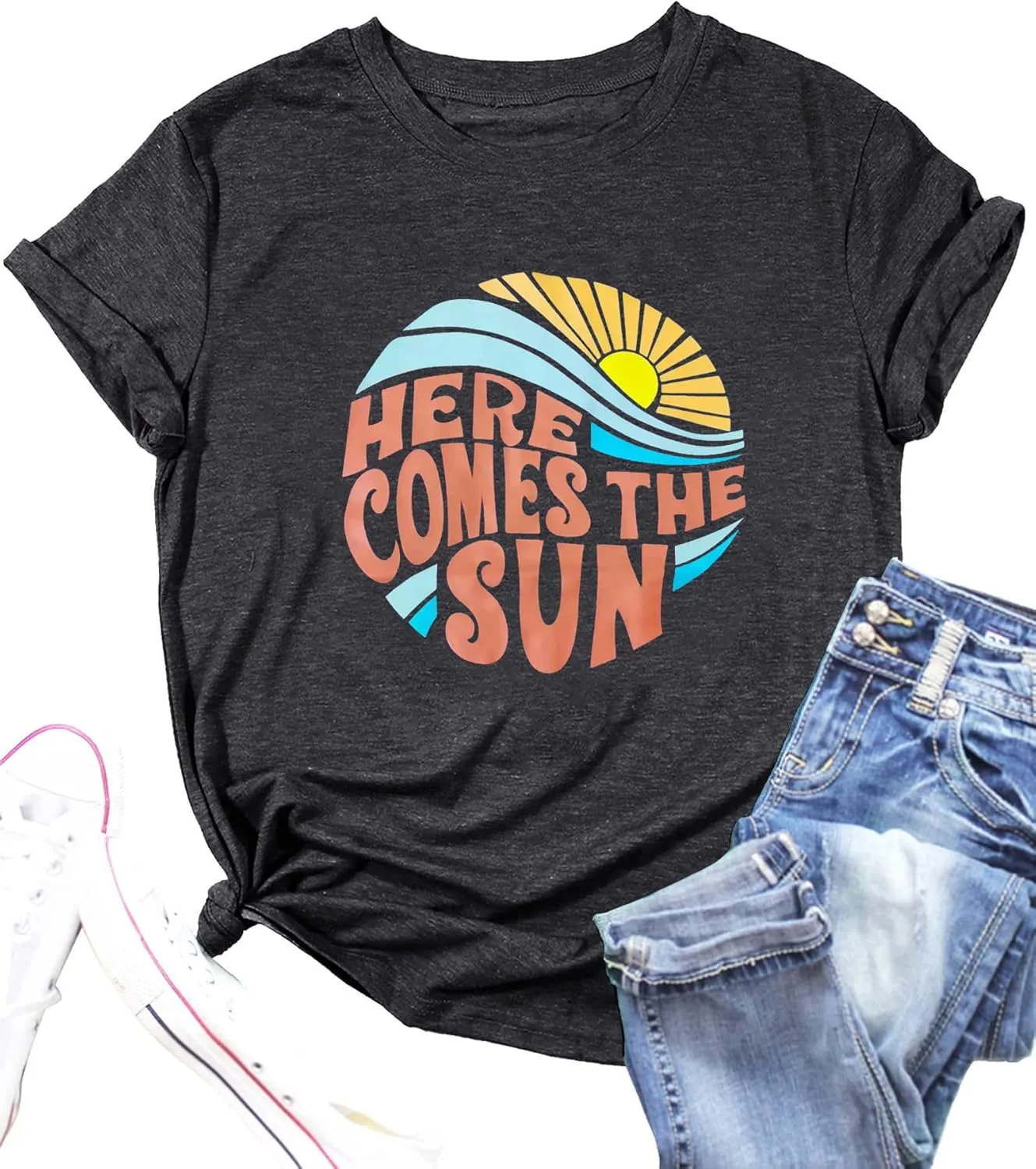 Here Come The Sun Shirt Women Summer Sunshine Print Beach Tops Vintage Vacation Short Sleeve T Shirt