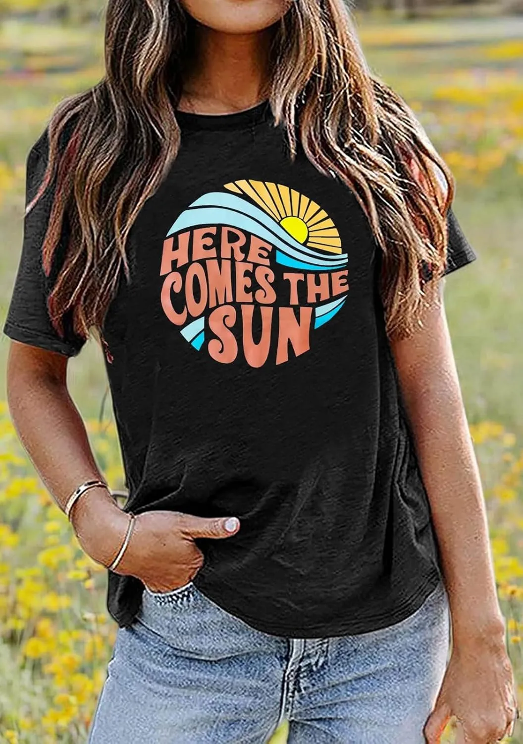 Here Come The Sun Shirt Women Summer Sunshine Print Beach Tops Vintage Vacation Short Sleeve T Shirt