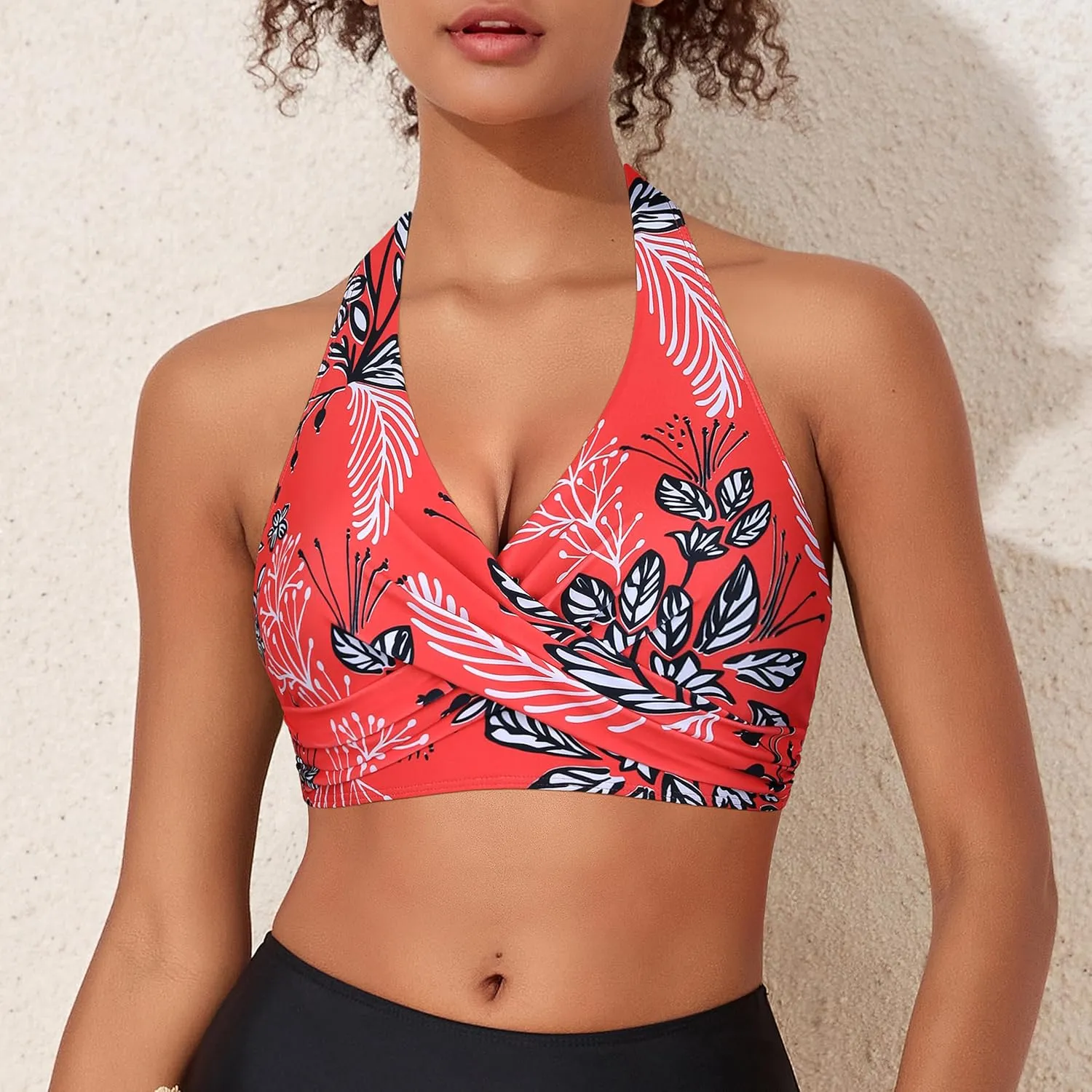 Hilor Women's Underwire Bikini Tops Halter V Neck Bathing Suit Top Swimsuit Push Up Twist Front Swim Top Only