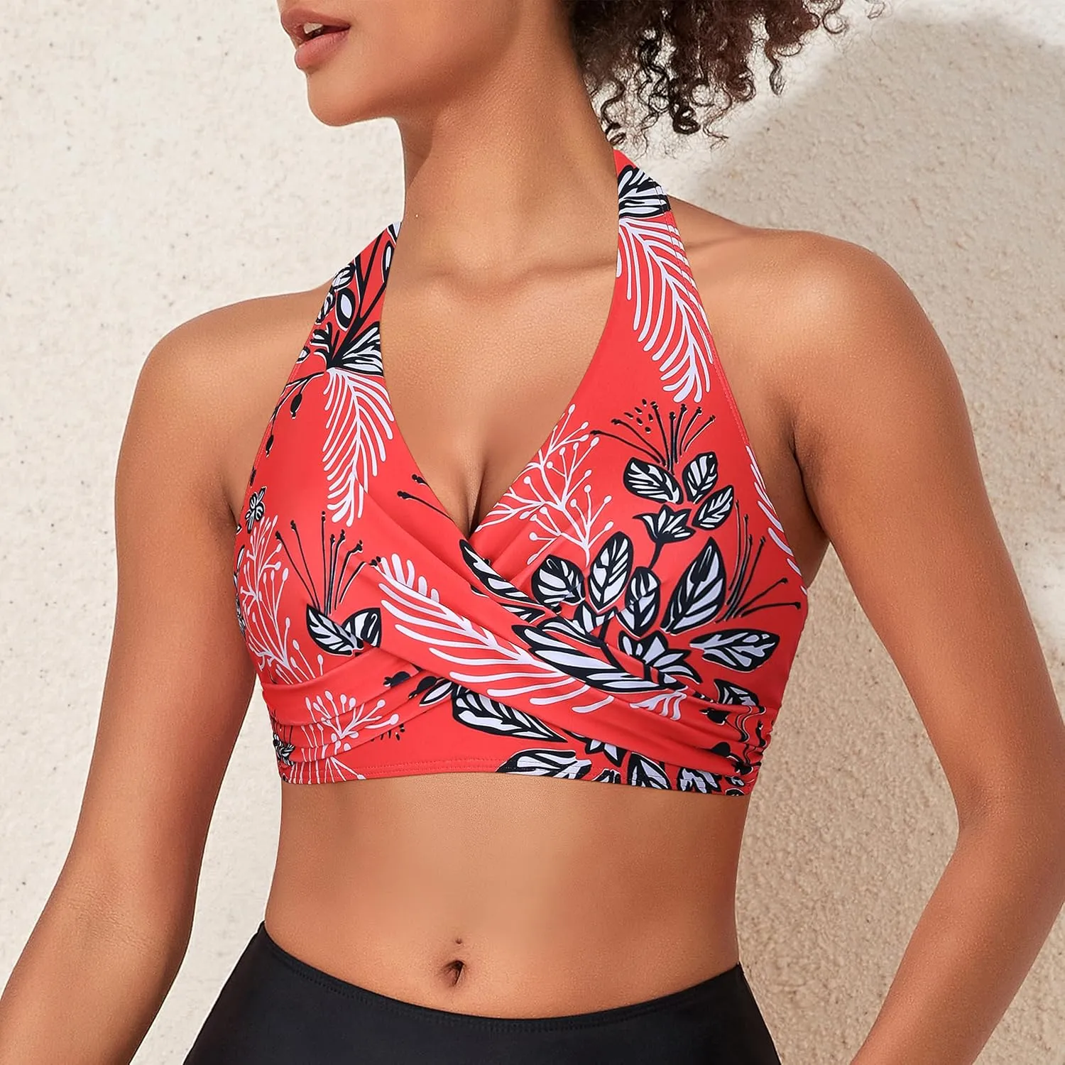 Hilor Women's Underwire Bikini Tops Halter V Neck Bathing Suit Top Swimsuit Push Up Twist Front Swim Top Only