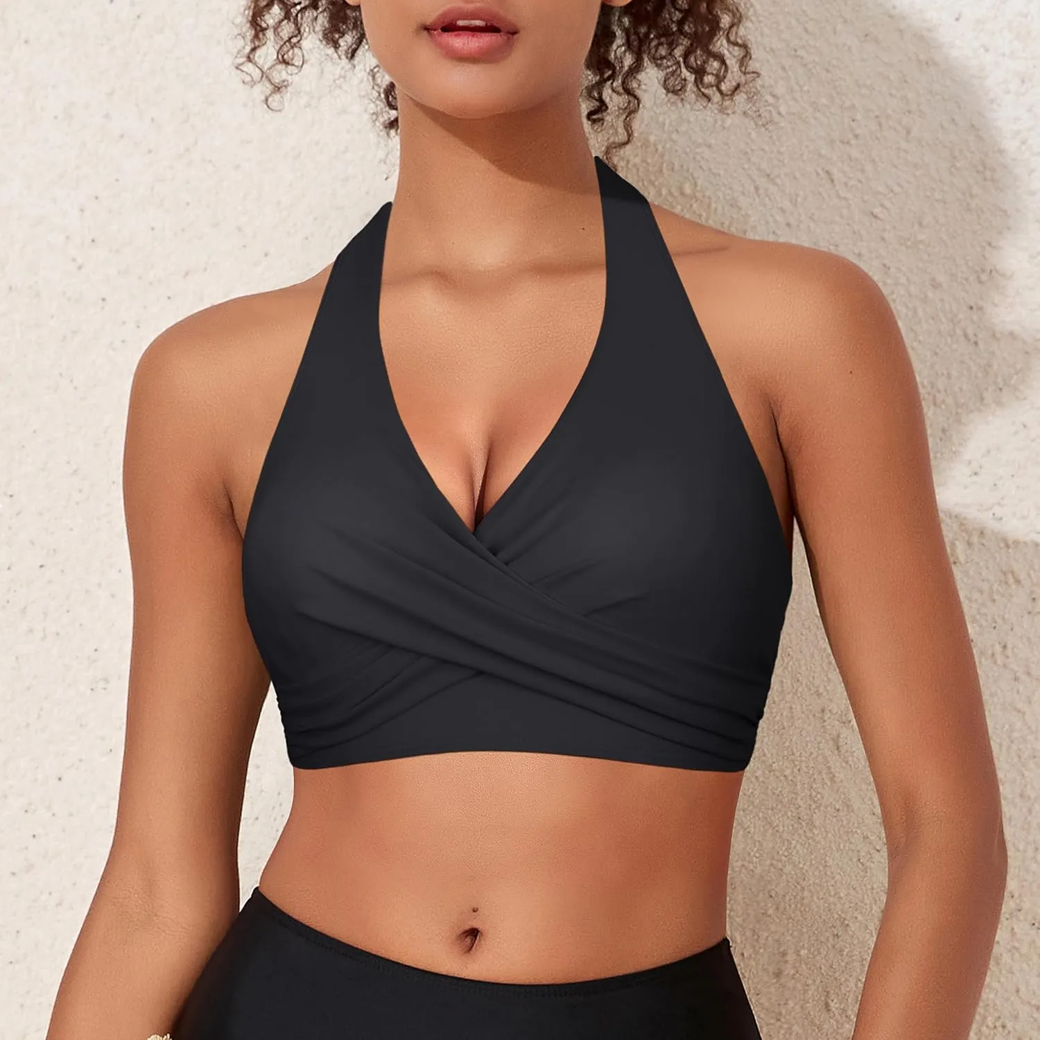 Hilor Women's Underwire Bikini Tops Halter V Neck Bathing Suit Top Swimsuit Push Up Twist Front Swim Top Only