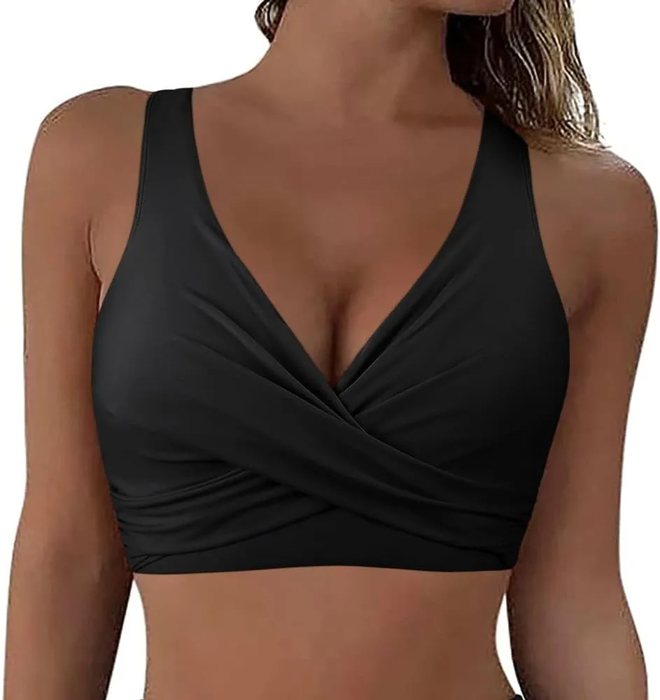 Hilor Women's Underwire Bikini Tops Push Up Criss Cross Swim Top Swimsuit Sexy V Neck Bathing Suit Top Only