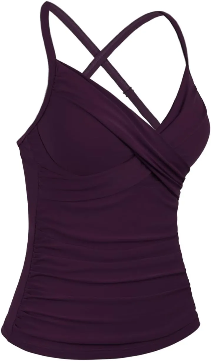 Hilor Women's Underwire Tankini Top Swimwear Twist V Neck Swimsuits for Big Busted Tummy Control Bathing Suits Top Only