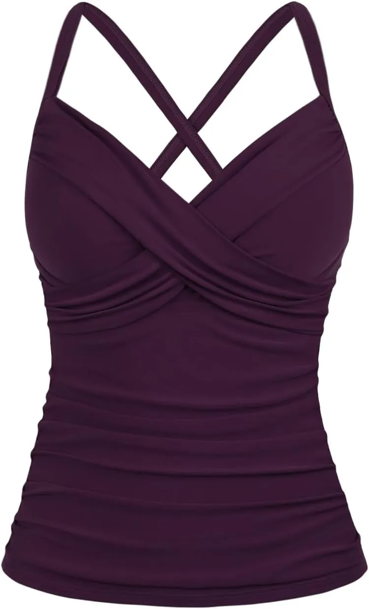 Hilor Women's Underwire Tankini Top Swimwear Twist V Neck Swimsuits for Big Busted Tummy Control Bathing Suits Top Only