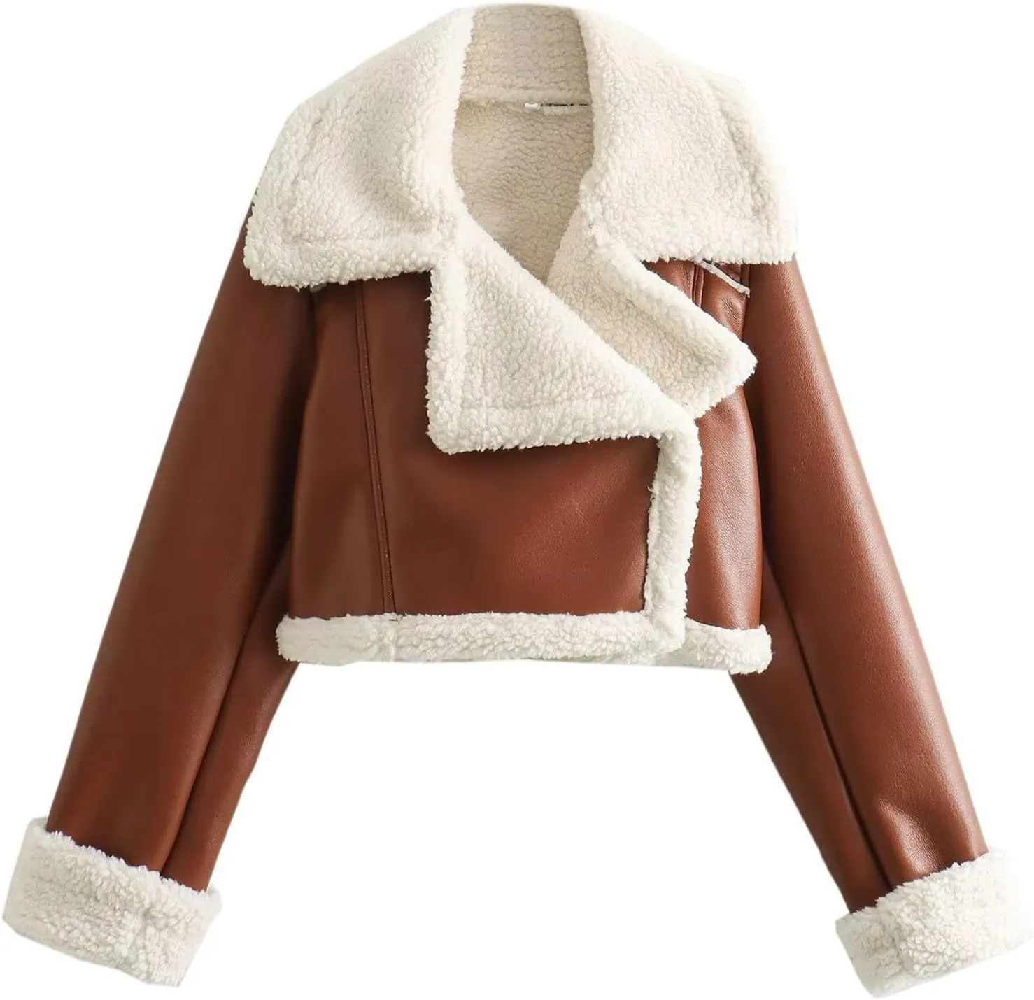 hlysgo Womens Faux Shearing Leather Jackets Sherpa-Lined Crop Coat Winter Bomber Jacket Short Outerwear Winter Clothes
