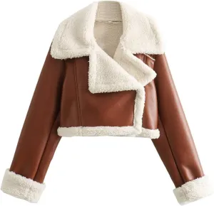 hlysgo Womens Faux Shearing Leather Jackets Sherpa-Lined Crop Coat Winter Bomber Jacket Short Outerwear Winter Clothes